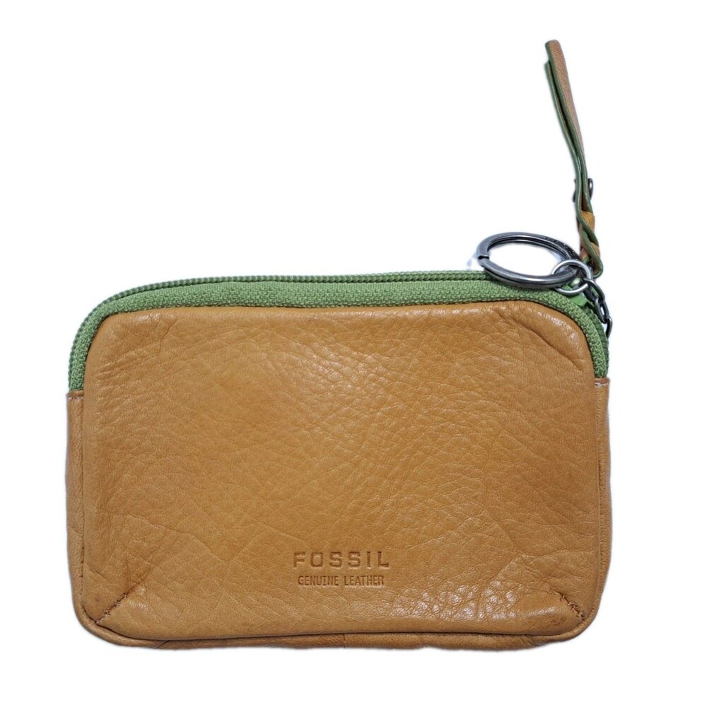 Fossil Leather Key Chain Coin Purse Credit Card Holder Brown Zipper Pouch - Picture 3 of 7